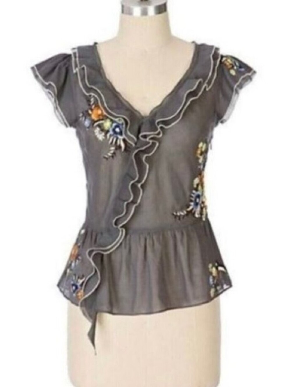 Anthropologie Lithe Sz 4 Piazza Peony Top Floral Embroidered Ruffle *READ*